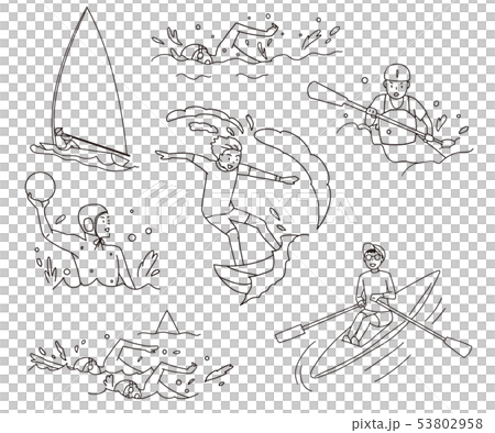 Yacht, swimming, water polo, distance swimming, canoeing, surfing Olympic water aquatic competition line drawing illustration set 53802958