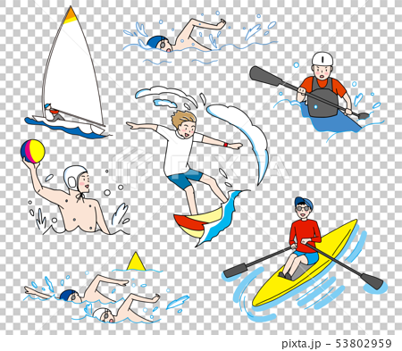 ヨット 水泳 水球 遠泳 カヌー サーフィンオリンピック水上水中競技イラストセットのイラスト素材