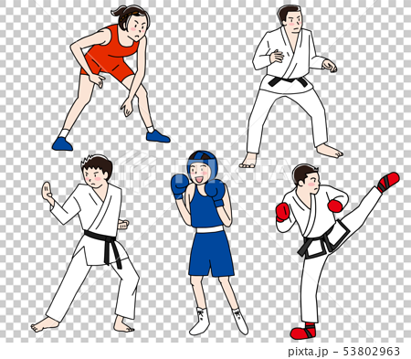 レスリング 柔道 空手 ボクシング テコンドーオリンピック武道 格闘技競技イラストセットのイラスト素材