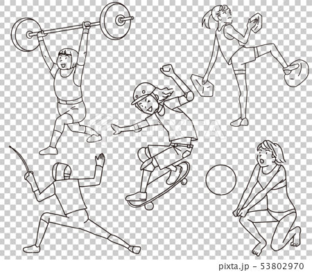 重量挙げ スケボー クライミング フェンシング ビーチバレーオリンピック競技新種目線画イラストのイラスト素材