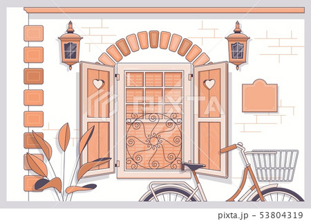 Bicycle with flowers near provence style house.Line vector illustration Bicycle with flowers near provence style house.Line vector illustration 53804319