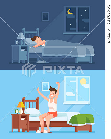 Man sleeping under duvet at night, waking up morning and getting out of bed. Peacefully sleep in 53805501