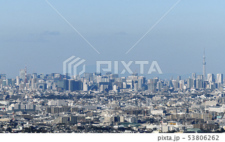 日本の東京都市景観　横浜から東京を一望する（東京タワーや東京スカイツリーなど） 53806262