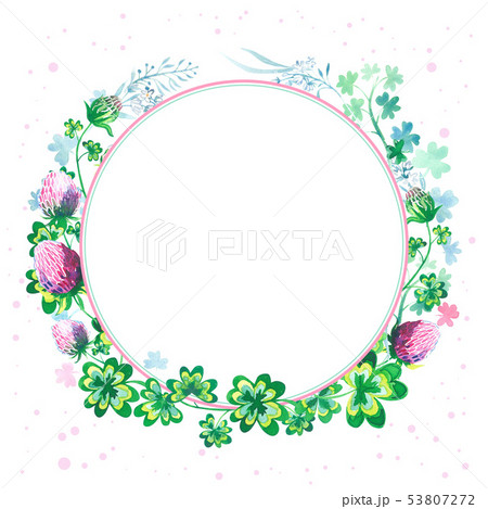 Hand drawn botanical watercolor round frame with clover flowers, stems and leaves isolated on white 53807272