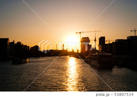 sunset sky over river spree in Berlin tv tower 53807514