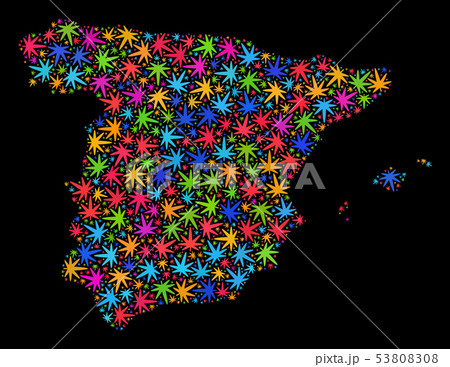 Mosaic Spain Map of Bright Cannabis Leaves 53808308