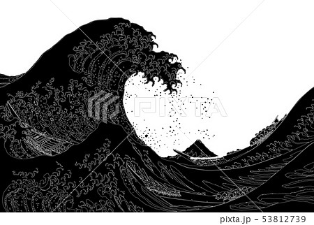 葛飾北斎イメージ神奈川沖浪裏線反転白バックのイラスト素材 [53812739