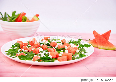 Fresh summer watermelon salad with feta cheese Fresh summer watermelon salad with feta cheese 53816227