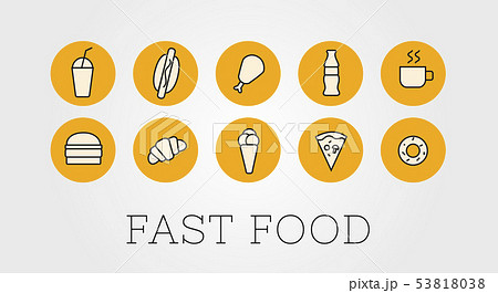 Set of outline illustration or icons for a fast food restaurant on a dark background. Burger 53818038