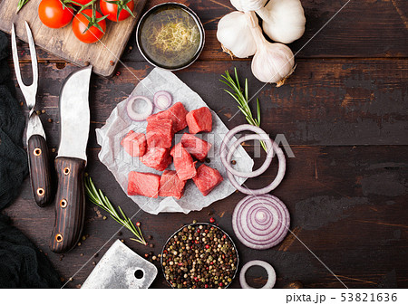 Raw lean diced casserole beef pork steak with 53821636