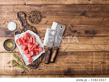 Raw lean diced casserole beef pork steak on 53821637