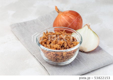 Fried onion in glass, topping for hot dog Fried onion in glass, topping for hot dog 53822153