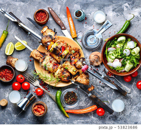 Grilled meat skewers or shish kebab 53823686