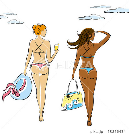 Girls in bikini. One is holding a beach bag 53826434