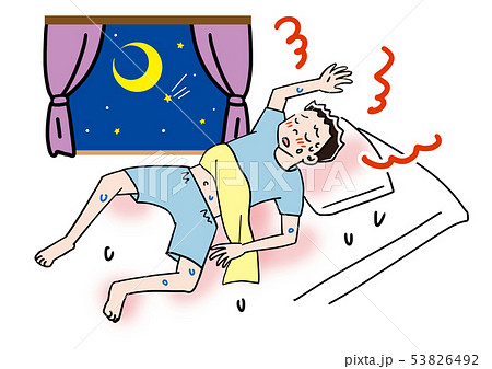 クーラーをつけず熱帯夜で汗だくになって寝る一人暮らしの男性のイラスト素材