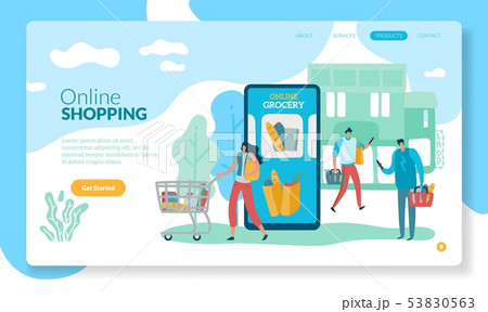Online grocery. Landing Internet retail purchase smartphone website shop app customer on-line 53830563