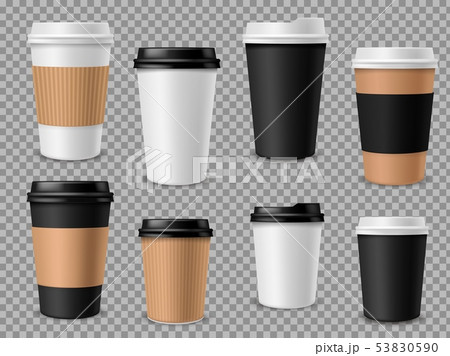 Paper coffee cups set. White paper cups, blank brown container with lid for latte mocha cappuccino 53830590