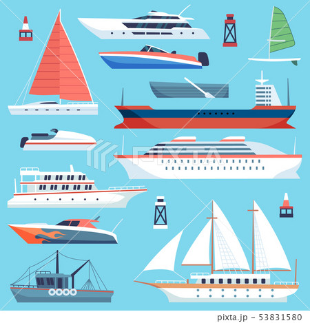 Ships boats flat. Maritime transport, ocean...のイラスト素材