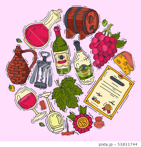 Wine taste club round pattern vector illustrations glass wine grape bottle. Tasting events menu Wine taste club round pattern vector illustrations glass wine grape bottle. Tasting events menu 53831744