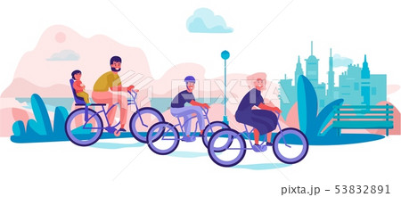 Family riding bicycles in park. Parents and children holiday trip, trendy cartoon characters doing 53832891