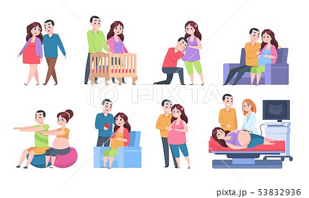 Couple pregnancy characters. Woman and newborn baby activities, young parents set of scenes. Vector 53832936