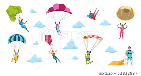 Cartoon skydivers. Sky jump with parachute and paraglider, extreme danger skydive falling. Vector 53832937