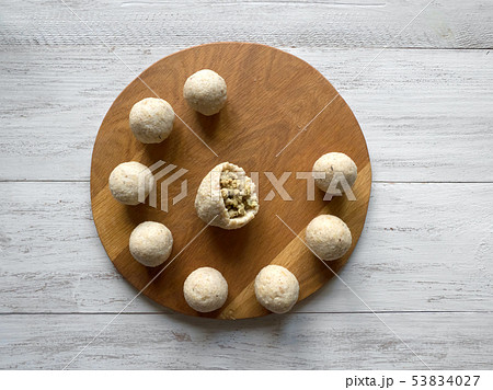 Raw Kibbeh. Cooking of Arabic meat appetizer. 53834027