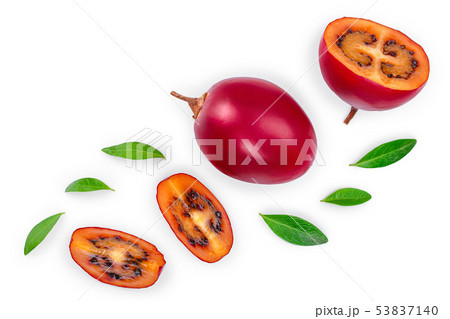 Fresh tamarillo fruit with leaves isolated on white background. Top view. Flat lay 53837140
