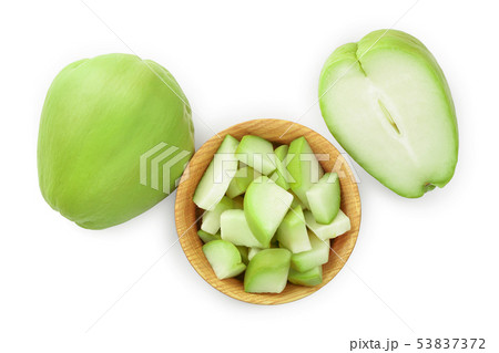 fresh Chayote vegetable isolated on white background. Top view. Flat lay fresh Chayote vegetable isolated on white background. Top view. Flat lay 53837372