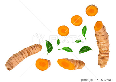Turmeric root and slice isolated on white background with copy space for your text. Top view. Flat Turmeric root and slice isolated on white background with copy space for your text. Top view. Flat 53837481