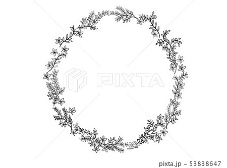 草花のフレーム オーナメント 白黒 ナチュラルテイストの飾り罫 円形 ベクターデータのイラスト素材