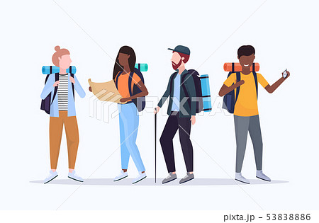 Group Tourists Hikers With Backpacks Holding のイラスト素材 5386