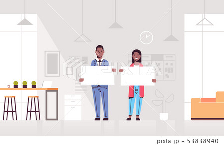 businesspeople holding empty blank signboard african american man woman partners showing blank white businesspeople holding empty blank signboard african american man woman partners showing blank white 53838940