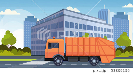 orange garbage truck urban sanitary vehicle moving city road waste recycling concept modern 53839136
