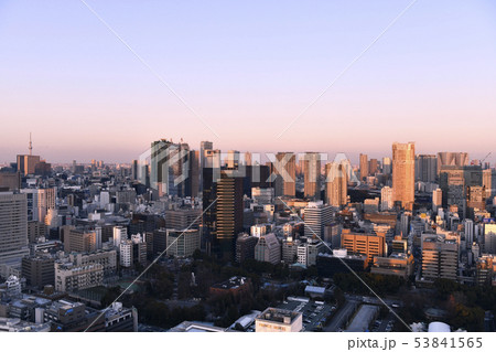 日本の東京都市景観　夕陽に染まる汐留の超高層ビル群や東京スカイツリーなどを望む 53841565