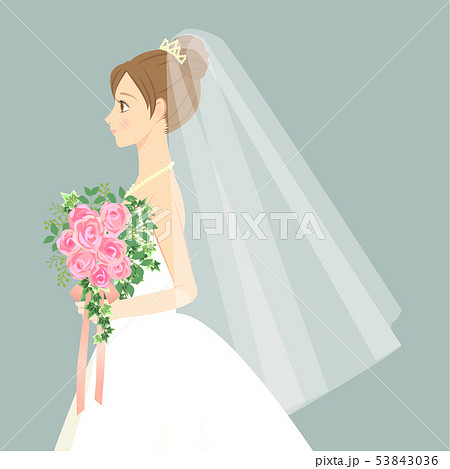 ブーケを持ちウェディングドレスを着ている女性 上半身 横向きのイラスト素材
