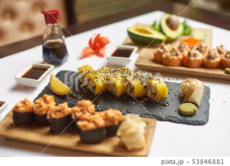 Tasty and delicious lunch from three courses in restaurant. 53846881