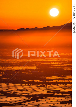 《新潟県》越後平野の夜明け・水鏡の田園風景 53847719