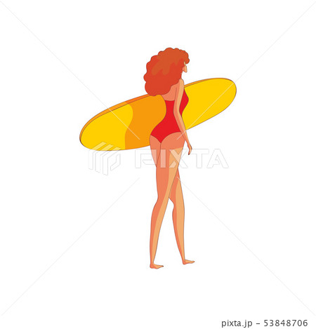 Red-haired woman with a surfboard. Vector illustration on white background. 53848706