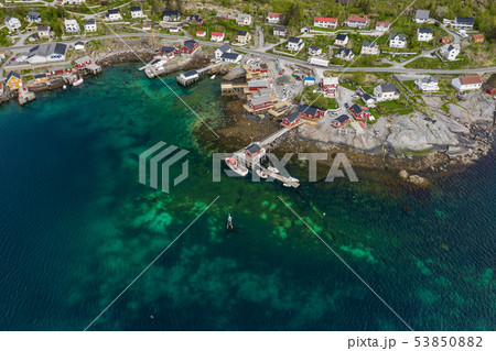 Aerial view of Reine, Lofoten islands, Norway. The Aerial view of Reine, Lofoten islands, Norway. The 53850882