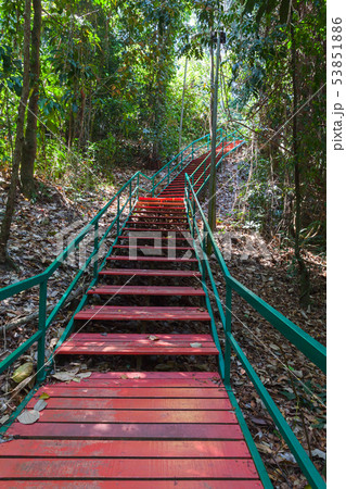 Empty red wooden stairway Empty red wooden stairway 53851886