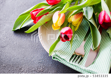 Festive Table Setting With Tulips for Birthday, Festive Table Setting With Tulips for Birthday, 53853335
