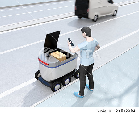 自動運転配送車からスマホアプリで開錠し荷物を受け取る。物流ラストワンマイルのコンセプト 53855562