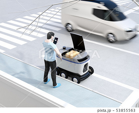 自動運転配送車からスマホアプリで開錠し荷物を受け取る。物流ラストワンマイルのコンセプト 53855563
