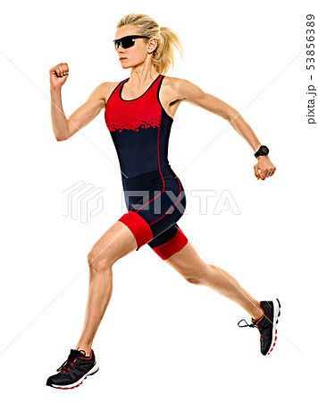 woman triathlon triathlete ironman runner running isolated white background woman triathlon triathlete ironman runner running isolated white background 53856389