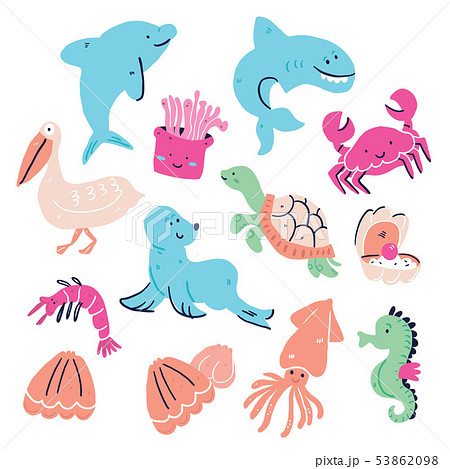 Cute set of hand drawn sea animals isolated 53862098