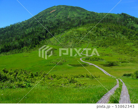 湿原に伸びる木道と山(尾瀬・燧ヶ岳) 53862343