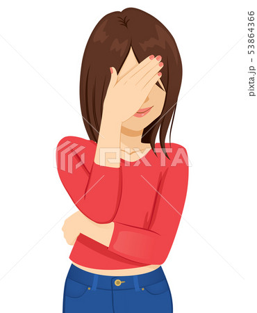 Shy brunette woman covering her face with hand Shy brunette woman covering her face with hand 53864366