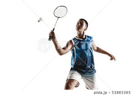 Little boy playing badminton isolated on white studio background 53865365