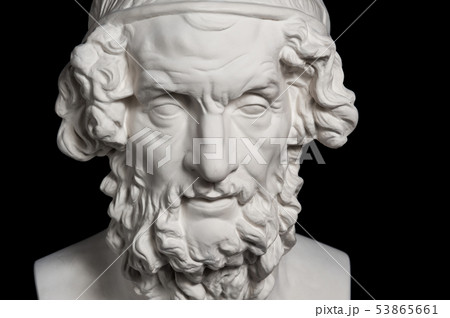Gypsum copy of ancient statue Homer head isolated on black background. Plaster sculpture man face. Gypsum copy of ancient statue Homer head isolated on black background. Plaster sculpture man face. 53865661